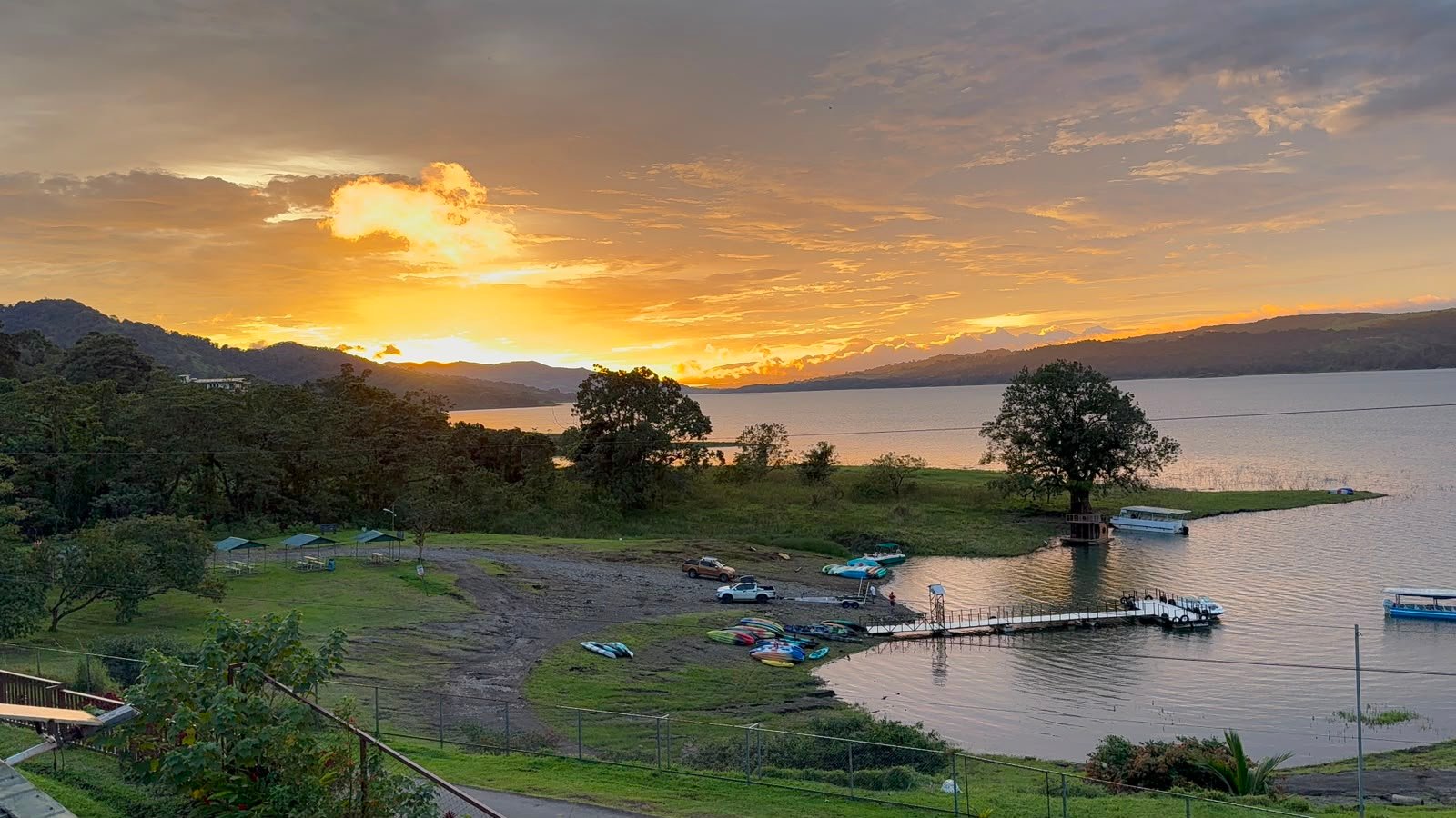 Aerial view of Villas Paradise property with Arenal Volcano and Lake Arenal